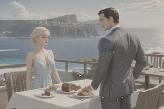 Henry Cavill wearing business suit with Frieren wearing nice dress, steak and wine on the table, fantasy, (Shot from distance),background(ocean, outdoor restaurant)(masterpiece, highres, high quality:1.2), ambient occlusion, low saturation, High detailed, Detailedface, Dreamscape,Extremely Realistic