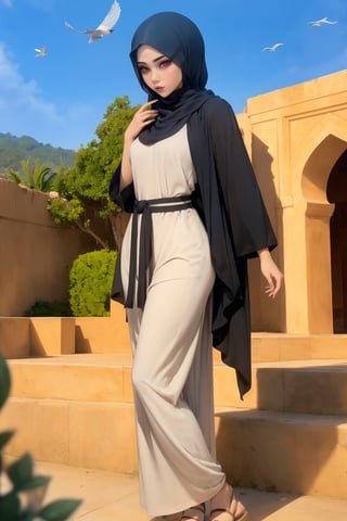 Woman(slim body, young, red eyes, arab, morrocan, eyelashes, hijab, Wearing a white headscarf and veill,Gorgeous abaya,arabian pants Arabian, feminine, beautiful), (full body), Staring at you while reporting news at news stage, background(outdoor, day, sun, ocean, mosques, birds), (Shot from distance),(masterpiece, highres, high quality:1.2), ambient occlusion, low saturation, High detailed, Detailedface, Dreamscape,perfect