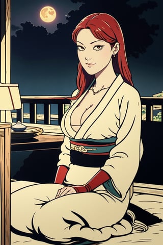 woman\(slim body, long red hair, red eye color, jewelery, bridal gauntlets, rings, amulets, eyelashes, big breasts, large cleavage, wearing yukata, sandal, feminine, beautiful, mistress\) The scene should convey a seductive and arrogant smug expression on her face, with an air of arrogance as she maintains eye contact with the viewer, (full body), sitting, background(luxurious japanese balcony, pillows, sky, night, moon, table(sake)),(masterpiece, highres, high quality:1.2), ambient occlusion, low saturation, High detailed, Detailedface