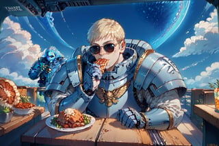 score_9, score_8, score_7, score_8_up, 1boy\(Laois, human, wearing blue space marine armor\), sitting and eating cooked meat, beside him moonman with sunglasses, indoor futuristic cafeteria, SpaceMarine1024, side view