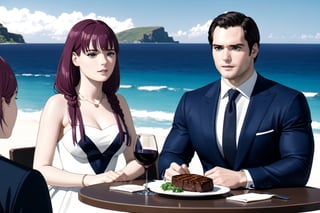 Henry Cavill wearing business suit with 2girls(Frieren and aura) both wearing nice dress, sitting, steak and wine on the table, fantasy, (Shot from distance),background(ocean, outdoor restaurant)(masterpiece, highres, high quality:1.2), ambient occlusion, low saturation, High detailed, Detailedface, Dreamscape,Extremely Realistic