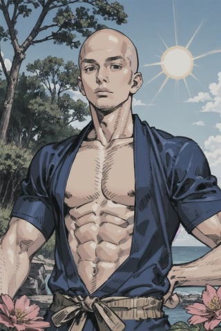 1boy\(male, handsome, young 15 year old, no_hair, bald, tall, muscles, strong jaw, sharp cheekbones, thin lips, shirtless\) upper body, background(day, outdoor, sky, sun, ocean, flowers, trees) (masterpiece, highres, high quality:1.2), ambient occlusion, outstanding colors, low saturation,High detailed, Detailedface, Dreamscape, Vagabond style, Japanese