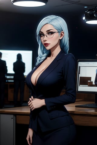 Woman(dressed as a news anchor in formal suits, glasses, mature, large cleavage, sharp dark brown eyes with thin eyebrows, long blue-tinted silver hair normally styled into two braids, one that covers her face and the other hangs behind her head down past her shoulders), (full body), Staring at you while reporting news at news stage, background(newsroom environment, bustling with activity, computer monitors, news ticker, microphone, camera, sophisticated studio lighting, polished wooden desk, stylish modern office), (Shot from distance),(masterpiece, highres, high quality:1.2), ambient occlusion, low saturation, High detailed, Detailedface, Dreamscape,ailluminartmeimei