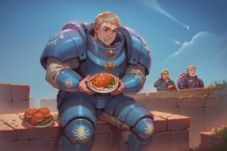 score_9, score_8, score_7, score_8_up,1boy\(Laois, human, wearing blue space marine armor\), sitting and eating cooked meat, Mars outdoor,SpaceMarine1024