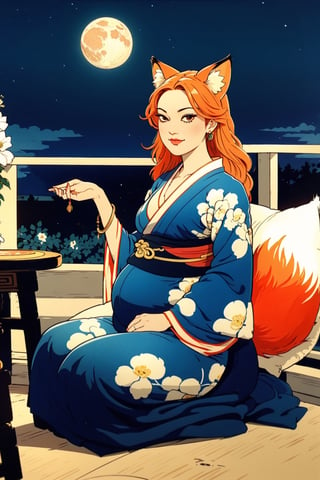 woman\(slim body, long orange hair, red eye color, jewelery, bridal gauntlets, rings, amulets, eyelashes, large cleavage, wearing yukata, pregnant, sandal, feminine, beautiful, mistress, youkai, fox ears, fox tails\) The scene should convey a seductive and arrogant smug expression on her face, with an air of arrogance as she maintains eye contact with the viewer, (full body), sitting, background(luxurious japanese balcony, pillows, sky, night, moon, table(sake), pots with flowers),(masterpiece, highres, high quality:1.2), ambient occlusion, low saturation, High detailed, Detailedface