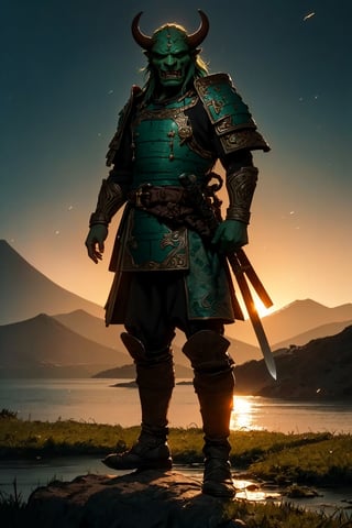 man(orc, 40yo, tusk-like teeth protruding from their lower jaw, green skin, wise, quiet, green eyes, wearing full orcish mongolian armor green color with oni helmet and cuirass, ornate, light steel plate design which is worn over cloth padding, umbra sword, on his belt, depressed, muscular, tall), (full body) standing, background(mountain, volcano, giant mushrooms, lake, night),(masterpiece, highres, high quality:1.2), ambient occlusion, low saturation, High detailed, Detailedface, morrowind, (shot from distance),shewoworc