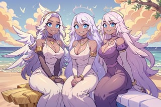 groupof girls (emily, slim body, long white hair, blue eyes, eyelashes, jewelry, earrings, necklace, armlet, bracelet, ring, wearing dress, angel wings, large cleavage, headdress, bare shoulders, hoop earrings, bridal gauntlets, feminine, beautiful, cute, gentle smile), beside her(Bunnies and birds), looking at viewer seductively, sitting, background(mosques,flower, outdoors, day, sky, tree, plant, birds, cloud, ocean, water, scenery), (masterpiece, highres, high quality:1.2), low saturation,High detailed,perfect,midjourney