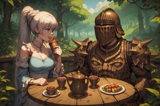 score_9, score_8, score_7, score_8_up, 1boy\(human, dark skin, giant, tall, wearing full madness Armor and helmet\) with woman\(medium breasts, Weiss Schnee wearing dress, happy, seductive, drinking tea\), both sitting and eating. ( two Tea cups, one tea pot, parmesan on the table), jungle, both staring at each other, score_7_up, side view, 2d, anime
