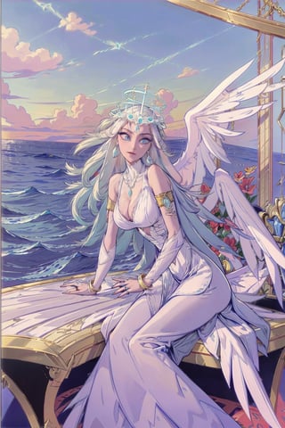 Sera(slim body, long white hair, blue eyes, eyelashes, jewelry, earrings, necklace, wings, angel, armlet, bracelet, ring, wearing dress, angel, large cleavage, big breasts, headdress, bare shoulders, hoop earrings, bridal gauntlets, feminine, beautiful, gentle smile), looking at viewer seductively, sitting on a throne, background(flower, outdoors, day, sky, tree, plant, cloud, ocean, water, scenery), (masterpiece, highres, high quality:1.2), low saturation,High detailed,perfect,oil painting,classic painting