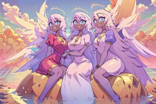 group of girls(emily, slim body, long white hair, blue eyes, eyelashes, jewelry, earrings, necklace, armlet, bracelet, ring, wearing dress, angel wings, large cleavage, headdress, bare shoulders, hoop earrings, bridal gauntlets, feminine, beautiful, cute, gentle smile), looking at viewer seductively, sexy pose, sitting, background(mosques,flower, outdoors, day, sky, tree, plant, birds, cloud, ocean, water, scenery), (masterpiece, highres, high quality:1.2), low saturation,High detailed,perfect,midjourney,pastelbg,pastel colors,multiple girls