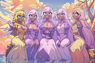 group of girls(emily, slim body, long white hair, blue eyes, eyelashes, jewelry, earrings, necklace, armlet, bracelet, ring, wearing dress, angel wings, large cleavage, headdress, bare shoulders, hoop earrings, bridal gauntlets, feminine, beautiful, cute, gentle smile), looking at viewer seductively, sexy pose, sitting, background(mosques,flower, outdoors, day, sky, tree, plant, birds, cloud, ocean, water, scenery), (masterpiece, highres, high quality:1.2), low saturation,High detailed,perfect,midjourney,pastelbg,pastel colors,multiple girls