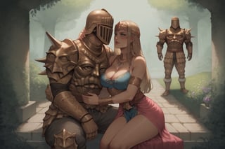 score_9, score_8, score_7, score_8_up, 1girl\(almonde jagger, wearing harem dress, big breasts, short, petite, teasing, seductive\) hugging tightly 1boy\(human, tall, giant, human, wearing full madness armor and helmet\), sitting and resting at the garden, both staring at each other,Nyantcha style 