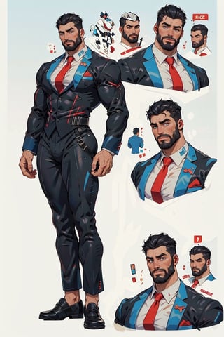 background(blank), gigachad(tall, young, bodybuilder, muscular, handsome, blue eyes, short black hair, black business suit with red tie, nice shoes), multiple boys,character sheet, character design, reference sheet, multiple views, turnaround, full body, from front, from side, from behind, (masterpiece, highres, high quality:1.2), low saturation, High detailed, Detailedface