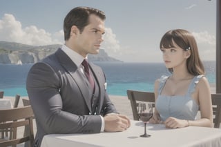 Henry Cavill wearing business suit with 2girls(Frieren and aura) both wearing nice dress, steak and wine on the table, fantasy, (Shot from distance),background(ocean, outdoor restaurant)(masterpiece, highres, high quality:1.2), ambient occlusion, low saturation, High detailed, Detailedface, Dreamscape,Extremely Realistic