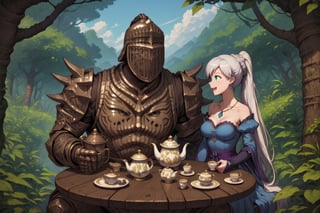 score_9, score_8, score_7, score_8_up, 1boy\(human, dark skin, giant, tall, wearing full madness Armor and helmet\) with woman\(medium breasts, Weiss Schnee wearing dress, happy, seductive\), both sitting and eating. (Tea cups, tea pot, parmesan on the table), jungle, both staring at each other, score_7_up, side view, 2d, anime