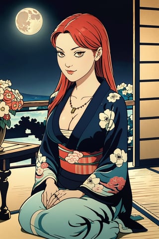 woman\(slim body, long red hair, red eye color, jewelery, bridal gauntlets, rings, amulets, eyelashes, big breasts, large cleavage, wearing yukata, sandal, feminine, beautiful, mistress\) The scene should convey a seductive and arrogant smug expression on her face, with an air of arrogance as she maintains eye contact with the viewer, (full body), sitting, background(luxurious japanese balcony, pillows, sky, night, moon, table(sake), pots with flowers),(masterpiece, highres, high quality:1.2), ambient occlusion, low saturation, High detailed, Detailedface