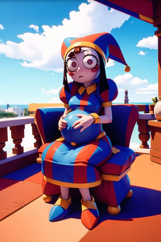 Pomi(cute body, eyelashes, large cleavge, wearing harem dress, feminine, pregnant, beautiful),(full body), sitting on a sofa in a luxurious arabian balcony, background(balcony, sky, pots with flowers),(masterpiece, highres, high quality:1.2), ambient occlusion, low saturation, High detailed, Detailedface, Dreamscape,Pomni