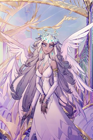 Sera(grey skin, long white hair, blue eyes, eyelashes, jewelry, earrings, necklace, wings, bibilical accurate, angel, armlet, bracelet, ring, wearing dress, angel, large cleavage, big breasts, headdress, bare shoulders, hoop earrings, bridal gauntlets, feminine, beautiful, gentle smile), looking at viewer seductively, standing, background(flower, outdoors, day, sky, tree, plant, cloud, ocean, water, scenery), (masterpiece, highres, high quality:1.2), low saturation,High detailed,perfect,oil painting,classic painting