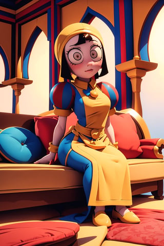 Pomi(cute body, eyelashes, large cleavge, wearing harem dress, feminine, beautiful),(full body), sitting on a sofa in a luxurious arabian sultan living room,(masterpiece, highres, high quality:1.2), ambient occlusion, low saturation, High detailed, Detailedface, Dreamscape,pomni,Pomni, 1girl