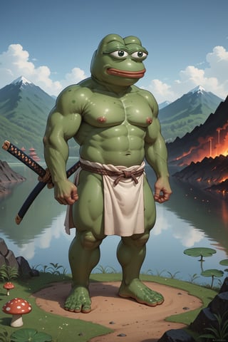 score_9, score_8, score_7, score_7_up, score_8_up, pepe the frog(wise, green skin, frog feet, quiet, wearing mongolian armor with helmet and cuirass, ornate, light steel plate design which is worn over cloth padding, katana on his belt), (full body) standing, background(mountain, volcano, giant mushrooms, lake, night), (solo), (masterpiece, highres, high quality:1.2), ambient occlusion, low saturation, High detailed, anime