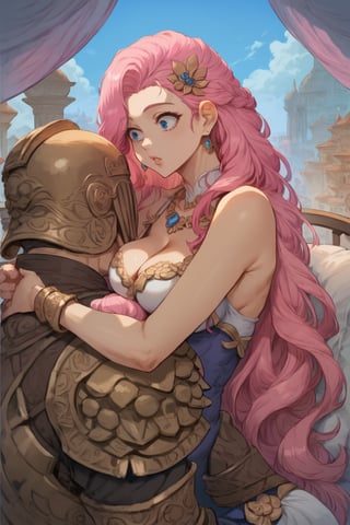 score_9, score_8, score_7, score_8_up, 1boy\(human, giant, tall, wearing full madness Armor and helmet, armored, from side\) laying and hugging comically woman\(SeraphineLoLXL, blue eyes, pink hair, bangs, hair ornament, very long hair, shiny hair, earrings, medium breasts, surprised look on her face, pouty lips, seductive, wearing dress, jewellery, gold\), hugging and resting, sitting on his lap, staring at him, Arabian garden, pillows, coffee and grapes, score_7_up, csr style, anime, (comic style, comic page, detailed comic with panels)