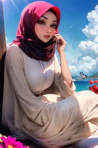 Woman(slim body, young, red eyes, arab, morrocan, eyelashes, hijab, Wearing a white headscarf and veill,Gorgeous abaya,arabian pants Arabian, feminine, beautiful), full body, looking at viewer with cute expression, sitting, (shot from distance), background(mosques, day, outdoor, sky, sun, tree, ocean, flowers, birds), (masterpiece, highres, high quality:1.2), low saturation,High detailed,soft shading