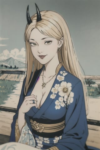 woman\(slim body, long blonde hair, yellow eye color, horns, jewelery, bridal gauntlets, rings, amulets, eyelashes, big breasts, large cleavage, wearing yukata, sandal, feminine, beautiful, mistress, holding a fox\) The scene should convey a seductive smile on her face, with an air of smugness as she maintains eye contact with the viewer, (faull body), sitting, background(rural area, animals, day, sky, sun),(masterpiece, highres, high quality:1.2), ambient occlusion, low saturation, High detailed, Detailedfacez (shot from distance)