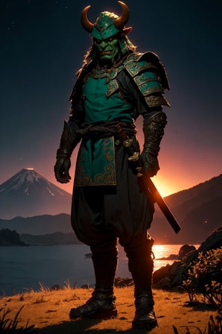 man(orc, 40yo, tusk-like teeth protruding from their lower jaw, green skin, wise, quiet, green eyes, wearing full orcish mongolian armor green color with oni helmet and cuirass, ornate, light steel plate design which is worn over cloth padding, umbra sword, on his belt, depressed, muscular, tall), (full body) standing, background(mountain, volcano, giant mushrooms, lake, night),(masterpiece, highres, high quality:1.2), ambient occlusion, low saturation, High detailed, Detailedface, morrowind, (shot from distance),shewoworc
