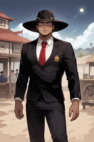 score_9, score_8, score_7,1man(young, handsome, wearing black business suit with red tie, cowbow hat, dark skin, tall, muscles, strong jaw, sharp cheekbones, thin lips, blue eyes), behind him a bar in a town called good spring with bikes, mojave desert, night, outdoor