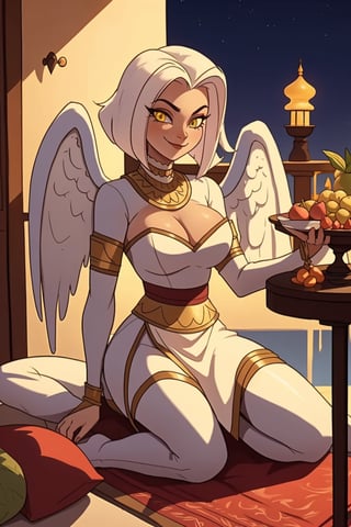 Lute\(thicc body, angel wings, white hair, yellow eyes, jewelery, bridal gauntlets, rings, amulets, eyelashes, large cleavage, wearing full harem dress, sandal, feminine, beautiful, mistress\), sitting on matress, The scene should convey a seductive smile expression on her face, with an air of cuteness as she maintains eye contact with the viewer, background(luxurious arabian balcony, pillows, sky, night, table(fruits)),(masterpiece, highres, high quality:1.2), ambient occlusion, low saturation, High detailed, Detailedface,Lut