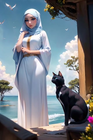 Woman(slim body, young, blue eyes, arab, morrocan, eyelashes, hijab, Wearing a white headscarf and veill,Gorgeous abaya,arabian pants Arabian, feminine, beautiful, holding a white cat), full body, looking at viewer with cute expression, standing, (shot from distance), background(mosques, day, outdoor, sky, sun, tree, ocean, flowers, birds, cats), (masterpiece, highres, high quality:1.2), low saturation,High detailed,soft shading