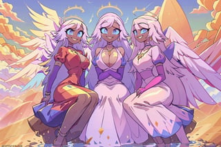 group of girls (emily, slim body, long white hair, blue eyes, eyelashes, jewelry, earrings, necklace, armlet, bracelet, ring, wearing dress, angel wings, large cleavage, headdress, bare shoulders, hoop earrings, bridal gauntlets, feminine, beautiful, cute, gentle smile), beside her animals(Bunnies and birds), looking at viewer seductively, sitting, background(mosques,flower, outdoors, day, sky, tree, plant, birds, cloud, ocean, water, scenery), (masterpiece, highres, high quality:1.2), low saturation,High detailed,perfect,midjourney,pastelbg,pastel colors,multiple girls