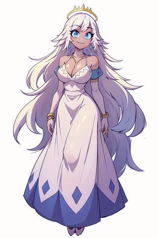 Emily(full body,walking,  long white hair, blue eyes, eyelashes, jewelry, earrings, necklace, wings, angel, armlet, bracelet, ring, wearing dress, large cleavage, big breasts, headdress, bare shoulders, hoop earrings, bridal gauntlets, feminine, beautiful, gentle smile), looking at viewer seductively, standing, blank background, (masterpiece, highres, high quality:1.2), low saturation,High detailed,perfect,emily