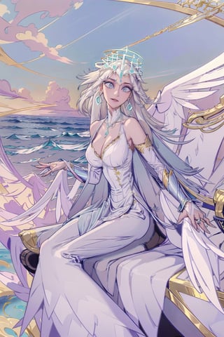 Sera(slim body, grey skin, long white hair, blue eyes, eyelashes, jewelry, earrings, necklace, wings, angel, armlet, bracelet, ring, wearing dress, angel, large cleavage, big breasts, headdress, bare shoulders, hoop earrings, bridal gauntlets, feminine, beautiful, gentle smile), looking at viewer seductively, sitting on a throne, background(flower, outdoors, day, sky, tree, plant, cloud, ocean, water, scenery), (masterpiece, highres, high quality:1.2), low saturation,High detailed,perfect,oil painting,classic painting