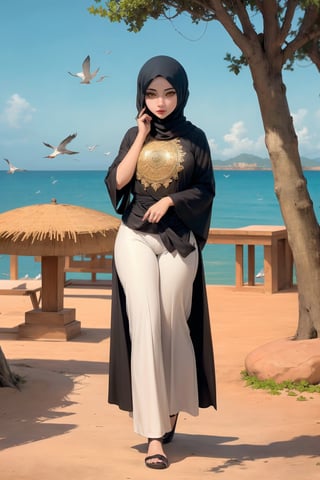 Woman(slim body, young, yellow eyes, arab, morrocan, eyelashes, hijab, Wearing a white headscarf and veill,Gorgeous abaya, arabian pants Arabian, feminine, beautiful), (full body), Staring at you while reporting news at news stage, background(outdoor, day, sun, ocean, mosques, birds), (Shot from distance),(masterpiece, highres, high quality:1.2), ambient occlusion, low saturation, High detailed, Detailedface, Dreamscape,perfect