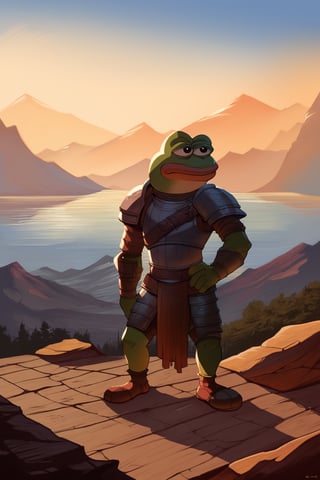 score_9, score_8, score_7, score_7_up, score_8_up, pepe the frog(wise, quiet, wearing mongolian armor with helmet and cuirass, ornate, light steel plate design which is worn over cloth padding, umbra sword, on his belt), (full body) standing, background(mountain, volcano, giant mushrooms, lake, night), (solo), (masterpiece, highres, high quality:1.2), ambient occlusion, low saturation, High detailed, Detailedface, 
