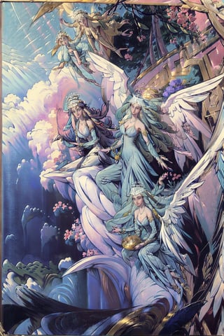 Sera(slim body, long white hair, blue eyes, eyelashes, jewelry, earrings, necklace, wings, angel, armlet, bracelet, ring, wearing dress, angel, large cleavage, big breasts, headdress, bare shoulders, hoop earrings, bridal gauntlets, feminine, beautiful, gentle smile), looking at viewer seductively, sitting on a throne, background(flower, heaven, angels, outdoors, day, sky, tree, plant, cloud, ocean, water, scenery), (masterpiece, highres, high quality:1.2), low saturation,High detailed,perfect,oil painting,classic painting