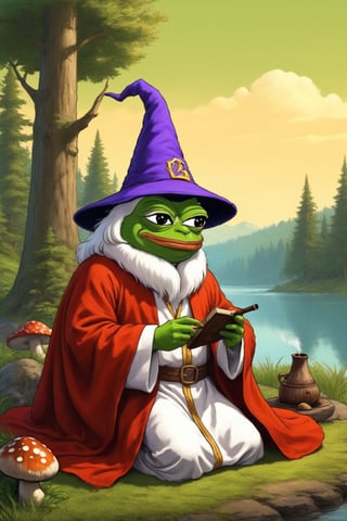 Pepe(frog, old, wearing wizard robe, long white beard, wizard, smoking pipe), sitting and resting on lakeside, background(outdoor, giant mushrooms, day),(masterpiece, highres, high quality:1.2), ambient occlusion, low saturation, High detailed, Detailedface, (shot from distance),Wojak,Retro art