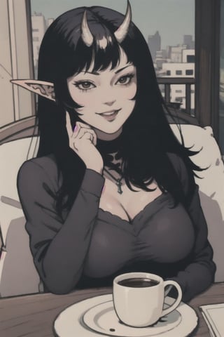 pov across table, looking at viewer, sitting, solo, cup of coffee, table, plate, fork, depth of field, food, spoon, head rest, woman\(slim body, young, Oni horns, demon elf ears, long black hair, red eyes, jewelery, bridal gauntlets, rings, amulets, eyelashes, large cleavage, wearing full harem dress, sandal, feminine, beautiful, mistress\), The scene should convey a seductive and smug smile expression on her face, with an air of arrogance as she maintains eye contact with the viewer, blurry background(luxurious arabian balcony, outdoor, sky, day, Dubai city, pillows),(masterpiece, highres, high quality:1.2), ambient occlusion, low saturation, High detailed, Detailedface, break CONCEPT_pov_dating_ownwaifu,www.ownwaifu.com