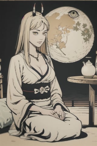 woman\(slim body, long blonde hair, yellow eye color, horns, jewelery, bridal gauntlets, rings, amulets, eyelashes, big breasts, large cleavage, wearing yukata, sandal, feminine, beautiful, mistress\) The scene should convey a seductive and arrogant smug expression on her face, with an air of smugness as she maintains eye contact with the viewer, (full body), sitting, background(luxurious japanese restaurant, pillows, sky, night, moon, table(sake), pots with flowers),(masterpiece, highres, high quality:1.2), ambient occlusion, low saturation, High detailed, Detailedface