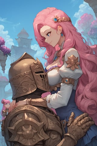 score_9, score_8, score_7, score_8_up, 1boy\(human, giant male, tall male, wearing full madness Armor and helmet, (no-face), armored, from side\) laying and holding woman\(SeraphineLoLXL, blue eyes, pink hair, bangs, hair ornament, very long hair, shiny hair, earrings, medium breasts, smile on her face, pouty lips, seductive, wearing dress, jewellery, gold\), hugging and resting, sitting on his lap, staring at him, Arabian garden, pillows, coffee and grapes, score_7_up, csr style, anime, (comic style, comic page, detailed comic with panels)