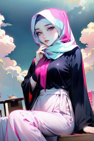 Woman(slim body, young, pink eyes, eyelashes, hijab, Wearing a white headscarf and veill,Gorgeous abaya,arabian pants Arabian, feminine, beautiful), looking at viewer with cute expression, sitting, (shot from distance), background(outdoors, day, sky, cloud, restaurant), (masterpiece, highres, high quality:1.2), low saturation,High detailed,soft shading