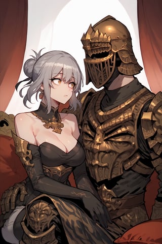 score_9, score_8, score_7, score_7_up, score_8_up, 1boy\(human, giant male, tall male, wearing full madness Armor and helmet, (no-face), armored, from side\) laying and hugging woman\(stelle \(honkai: star rail\), grey hair, yellow eyes, skinny, toned, medium breasts, surprised look on her face, pouty lips, seductive, wearing dress, jewellery, gold\), hugging and resting, sitting on his lap, staring at him, Arabian garden, pillows, coffee and cheese, anime,ratatatat74 artstyle,madness armor