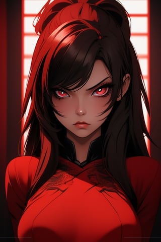 LDQS style crimson girl with sharp sexy crimson eyes serious expressions, masterpiece,8k,sharpfocus