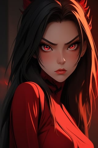 LDQS style crimson girl with sharp sexy crimson eyes serious expressions, masterpiece,8k,sharpfocus