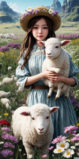1 girl, in flower field, holding cute white lamb ,detailed lamb , detailed face, ,fantasy_world, masterpiece,  windy