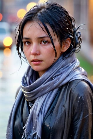 low quality photo, film grain, blur, A wet woman wrapped in a heavy wet wool scarf, wool scarf,  with a wet black overcoat draped over her wet shoulders. Her gaze is pensive, her wet black hair tousled by the wind, wet bare face, against an urban backdrop, sunlit face,girlvn,wet korean girl,more detail XL,soakingwetclothes