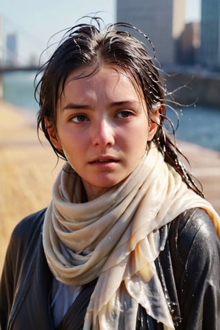 low quality photo, film grain, blur, A wet woman wrapped in a cream-colored wet scarf, with a wet black overcoat draped over her wet shoulders. Her gaze is pensive, her wet black hair tousled by the wind, wet bare face, against an urban backdrop, sunlit face,girlvn,wet korean girl,more detail XL,soakingwetclothes