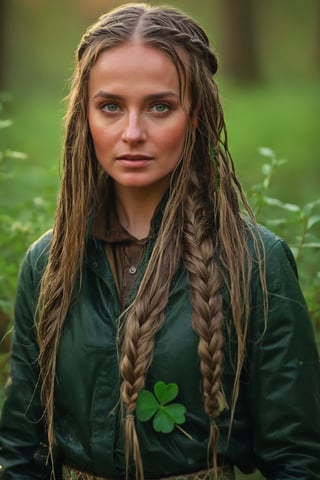 35 year old wet female leprechaun in a lush snowy forest at sunrise, long flowing wet braided hair, warmth, determination, poise, eyes glimmering with warm hues, wet clothes adorned with a geometric four leaf clover pattern, perfect eyes, perfect anatomy, artistic composition, masterpiece quality, high-detail, realistic skin texture, captured with Sony A7R IV, Sony FE 50mm f/1.2 GM lens, bathed in warm natural light, ultra-realistic,soakingwetclothes