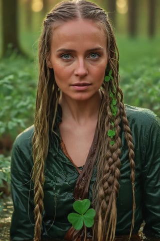 35 year old wet female leprechaun in a lush snowy forest at sunrise, long flowing wet braided hair, warmth, determination, poise, eyes glimmering with warm hues, wet clothes adorned with a geometric four leaf clover pattern, perfect eyes, perfect anatomy, artistic composition, masterpiece quality, high-detail, realistic skin texture, captured with Sony A7R IV, Sony FE 50mm f/1.2 GM lens, bathed in warm natural light, ultra-realistic,soakingwetclothes